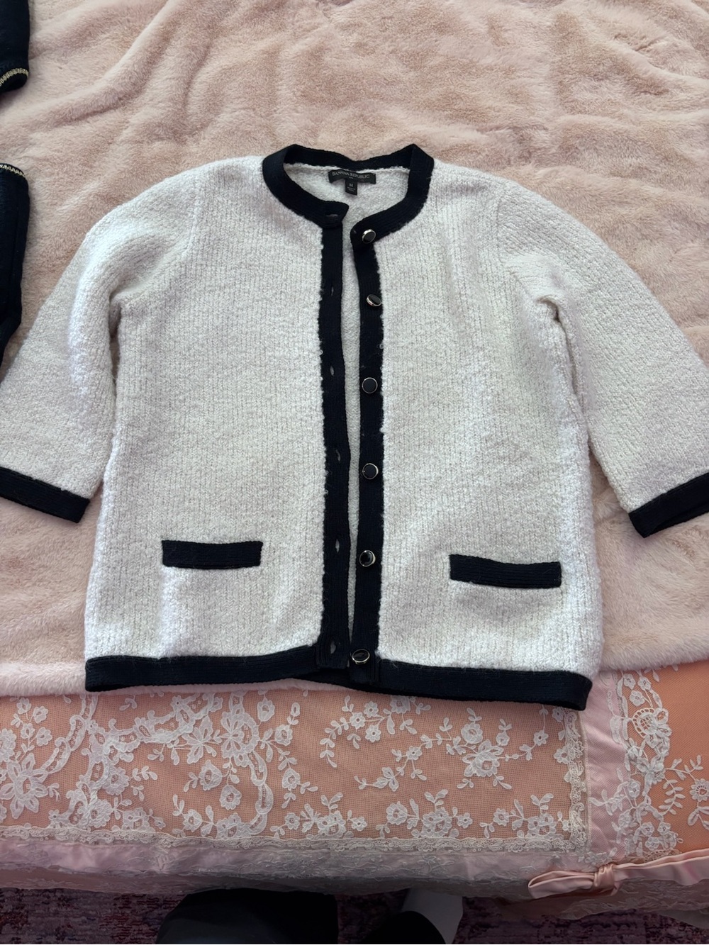 Banana Republic White Bouclé Cardigan Jacket with Black Trim